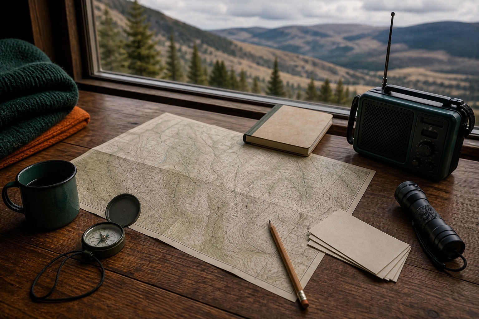An unlabelled map, compass, flashlight, and planning cards arranged on a field table