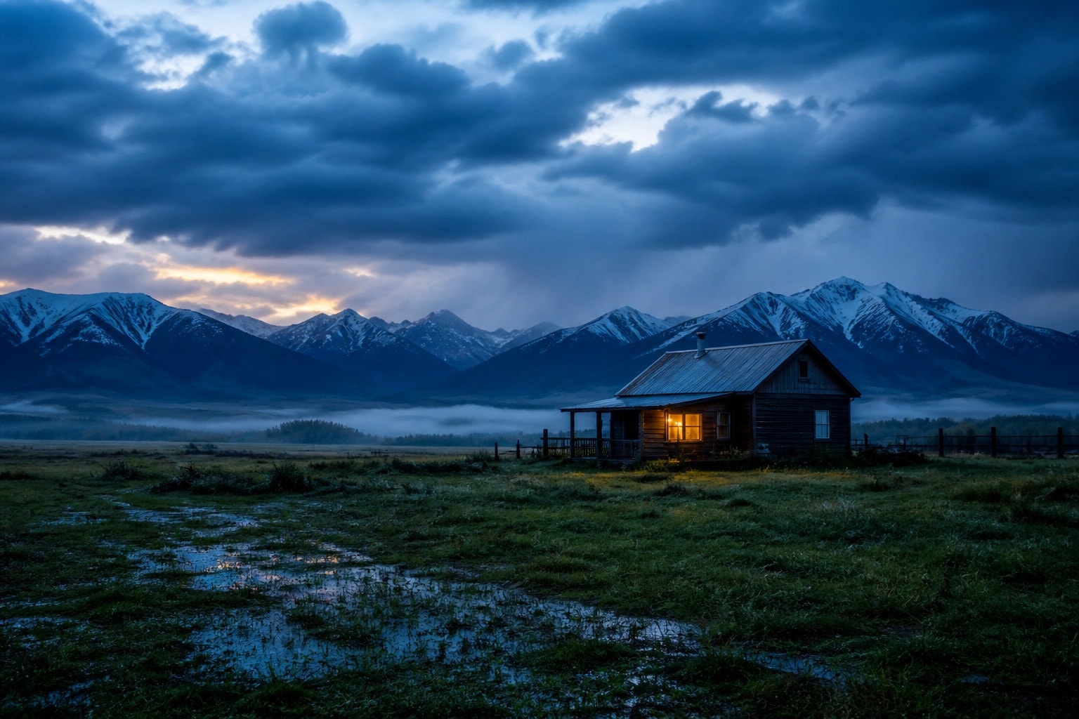 A small rural home glowing warmly after a storm beneath a wide Montana sky