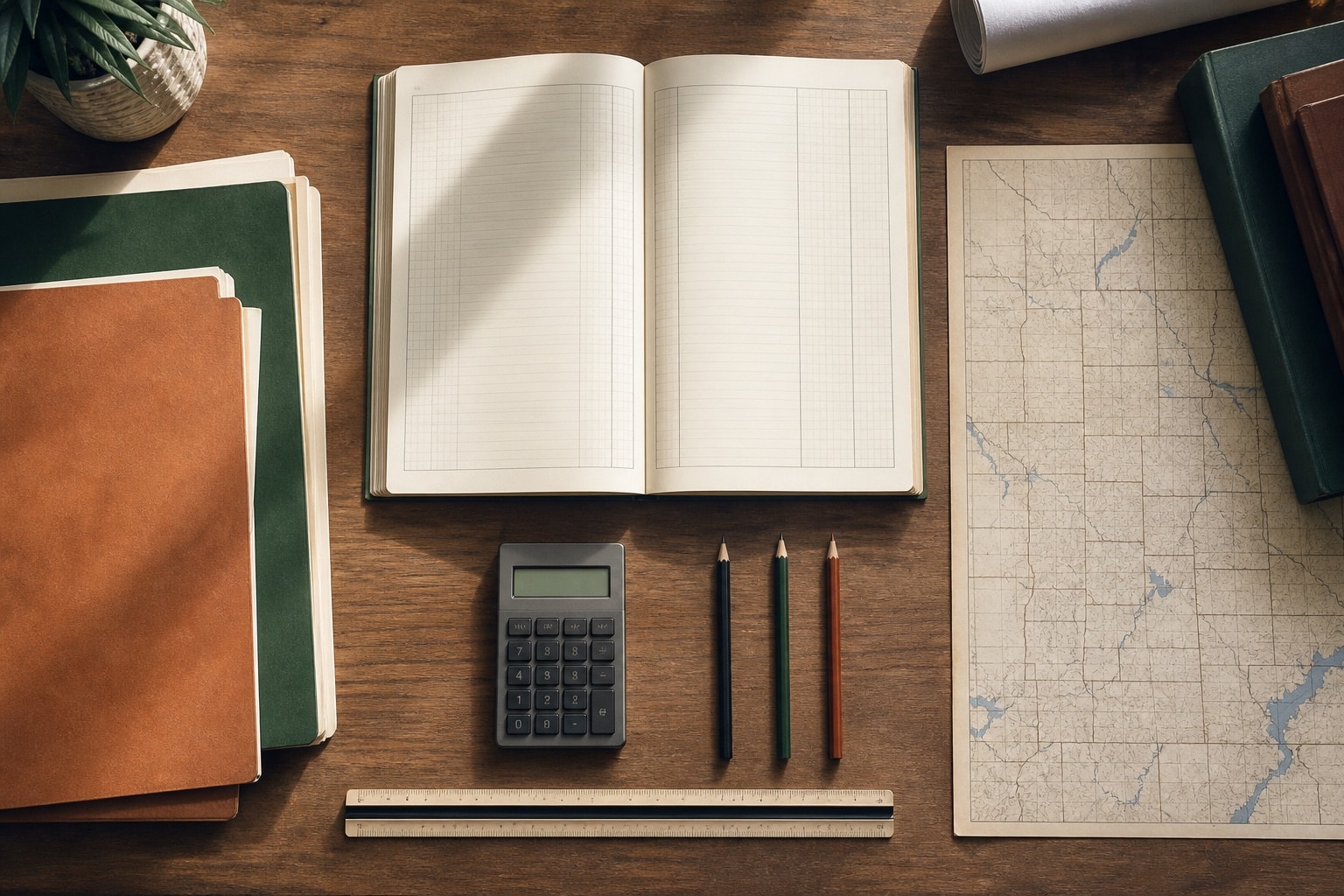 Blank project folders, a ledger, pencils, and an unlabelled map arranged in an orderly grid