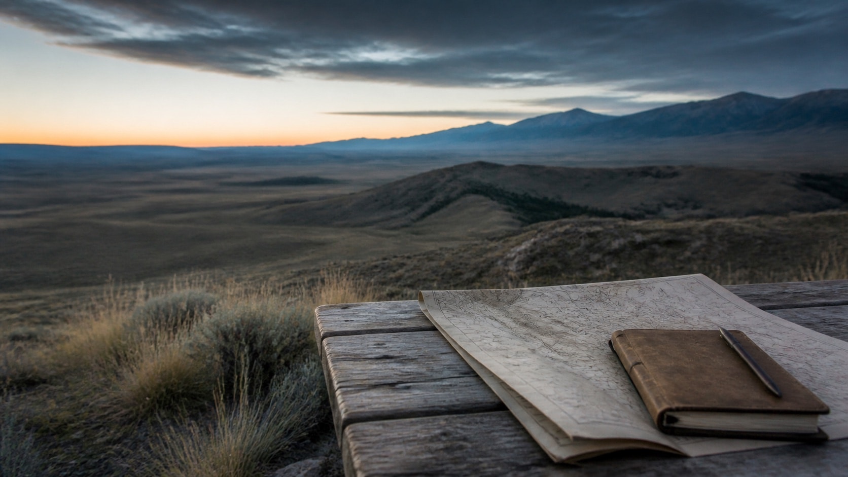 A field notebook and unlabelled map overlooking Montana grassland and distant mountains