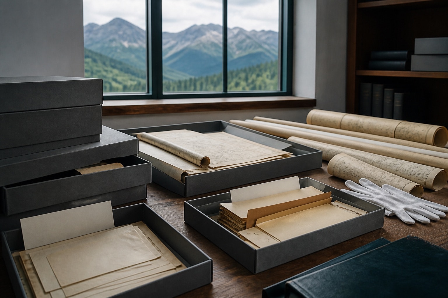Unlabelled archival boxes and rolled maps arranged on a quiet reading table