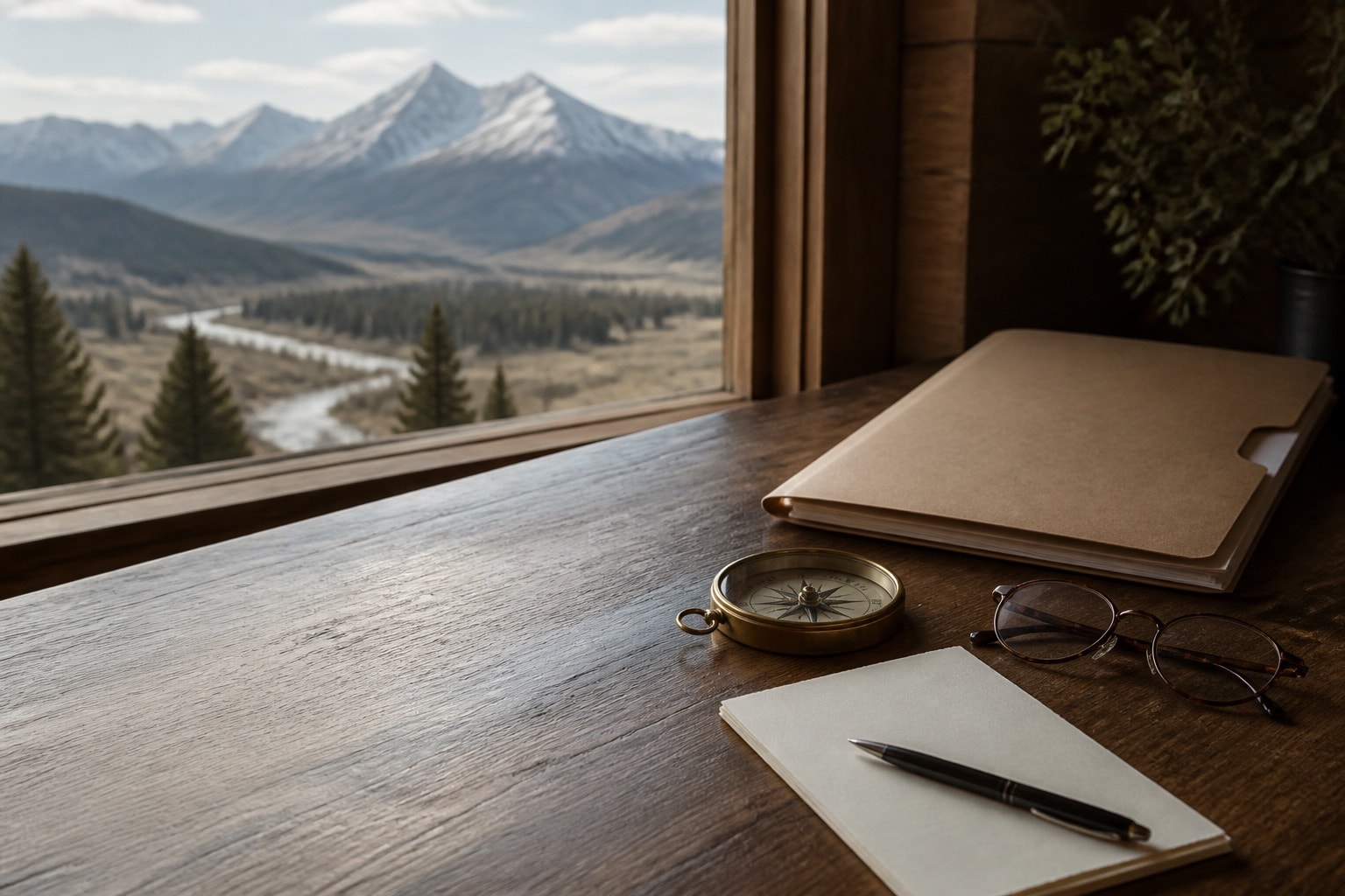 A blank records folder, compass, and reading glasses on a quiet desk near a mountain view